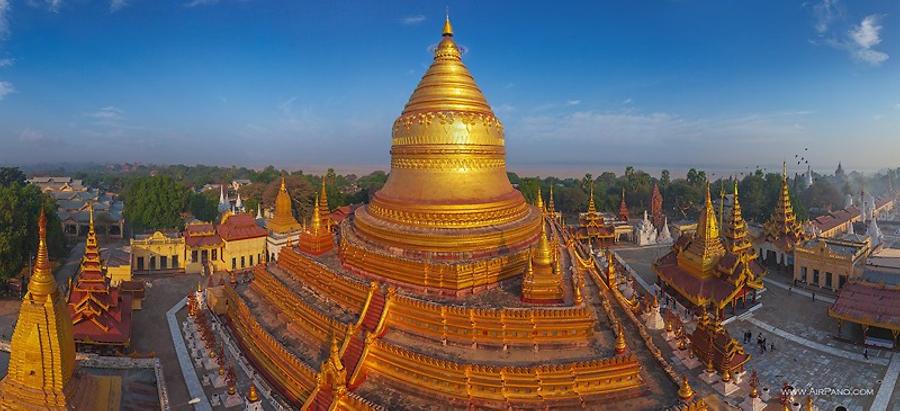 Shwezigon Pagoda. Bagan, Myanmar. Buddhism, © AirPano 