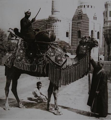 Kairo, Ägypten: 'Heiratstrommler' auf einem Kamel zur Bekanntmachung einer Hochzeit in der Stadt. Um 1930. Photographie