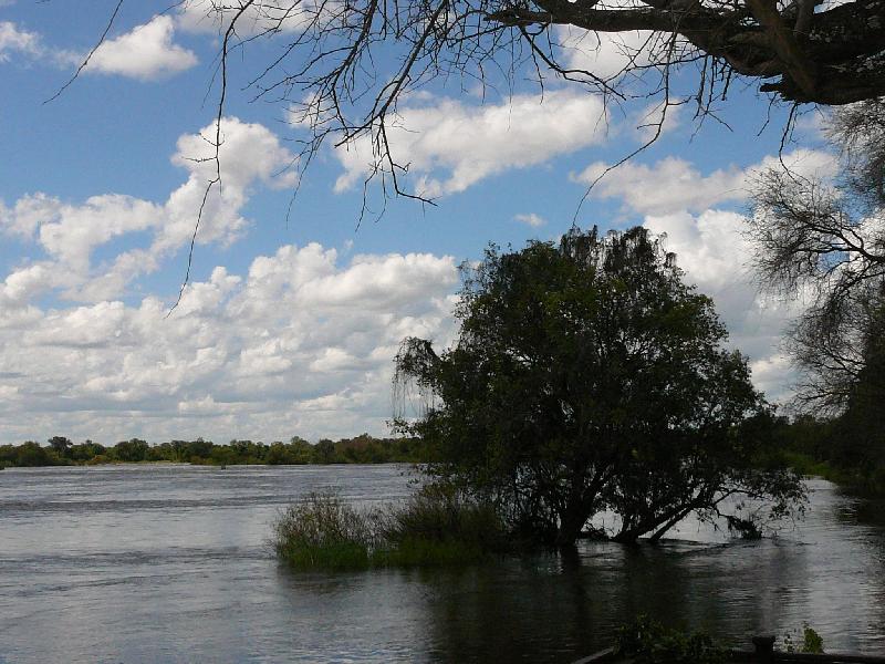 The Zambezi River flowing peacefully upriver of the waterfalls