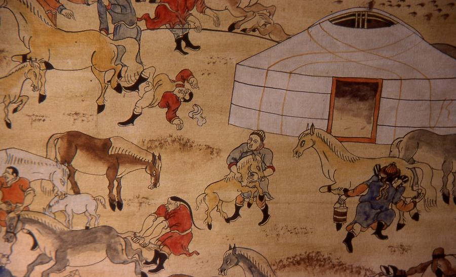 People and horses in mongolian folks art