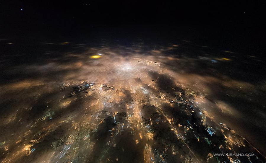 Night flight to stratosphere over the Moscow
