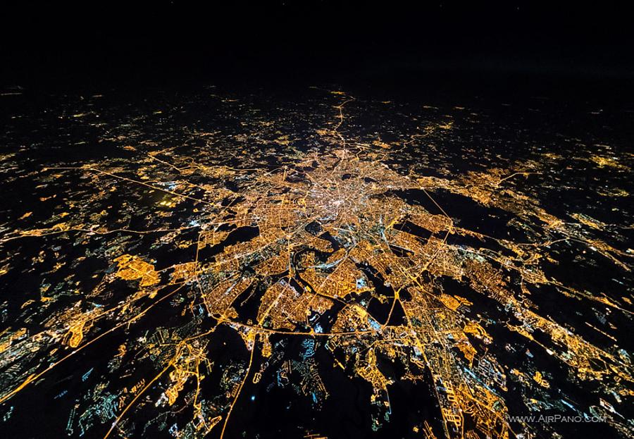 Night flight to stratosphere over the Moscow