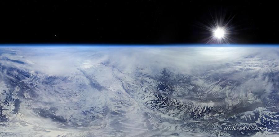 Flight to stratosphere above the Caucasus Mountains