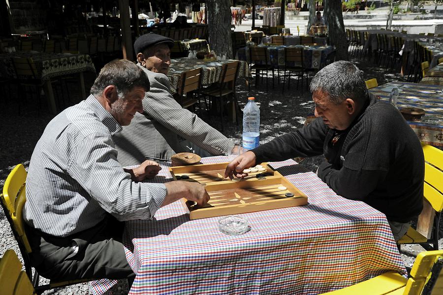 Men playing Backgammon
