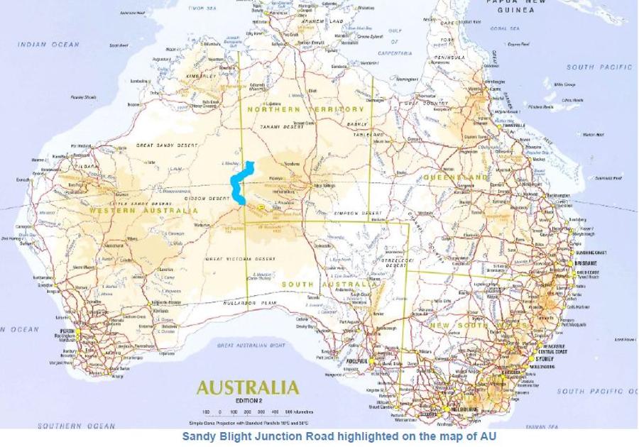 Map of Australia, Sandy Blight Junction Rd highlighted in blue
