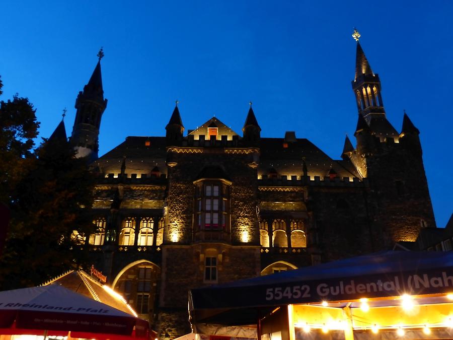 Aachen - Illuminated - City Hall with wine market