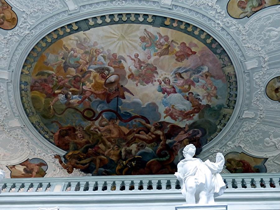 Ebrach - Ceiling fresco in staircase showing archangel Michales (Remele 1722)