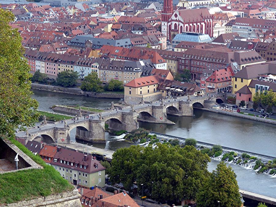 Würzburg - Old bridge over river Main seen from Fortress Marienberg,