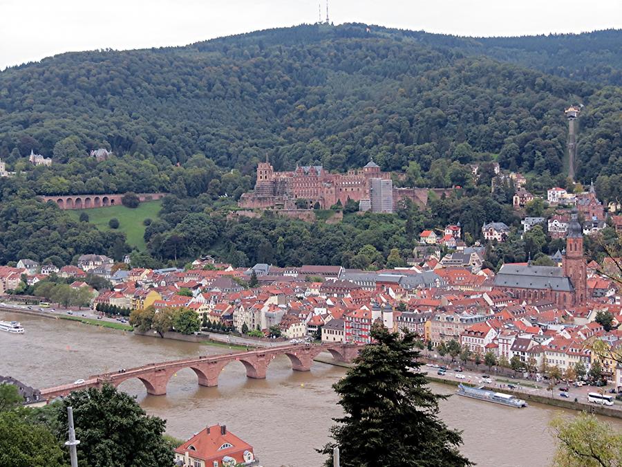 Heidelberg - Philosophers' Walk; View of the Castle, Old Bridge, Churchof the Holy Spirit, Königstuhl Hilltop