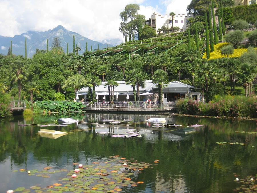 Meran - Trauttmansdorff Castle Gardens; Café and Lily Pond with 'Water Blooming' byIchi Ikeda