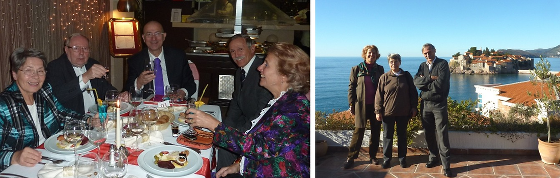 Left picture: U.Celebration; Phote: Archieve H. Maurer, H. Veljko, Franz, Ulrike; Right pictures Ulrike, U. and Franz with Sveti Stefan in the background