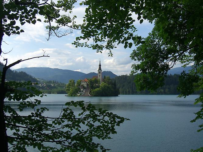 Lake Bled and Bled island with the pilgrimage church of Assumption of Mary