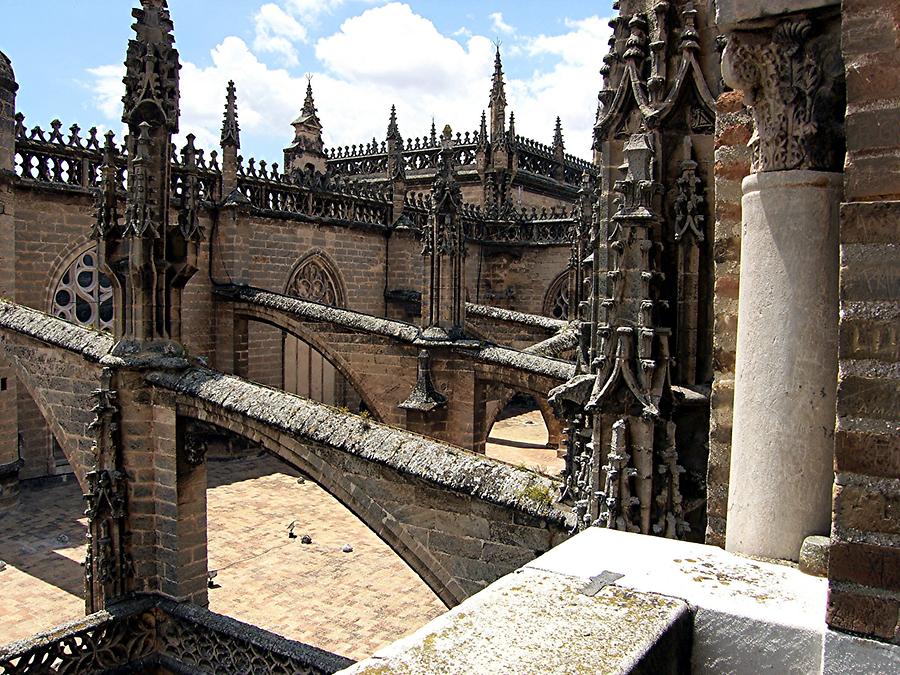 Seville Cathedral – View from Giralda of supporting beams and arch structure