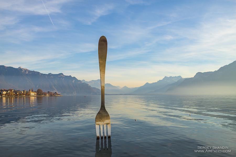 Fork of Vevey, a monument on Geneva Lake, Vevey, © AirPano 