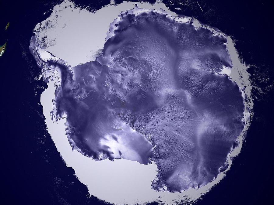 An ICESat image reveals the textured surfaces of Antarctic ice sheets in amazing detail. The high flat area in the center of the continent is called the East Antarctic Plateau; the white area surrounding the continent is sea ice. Image completed 23 May 2003, courtesy of NASA/Goddard Space Flight Center Scientific Visualization Studio, Canadian Space Agency, RADARSAT International Inc.