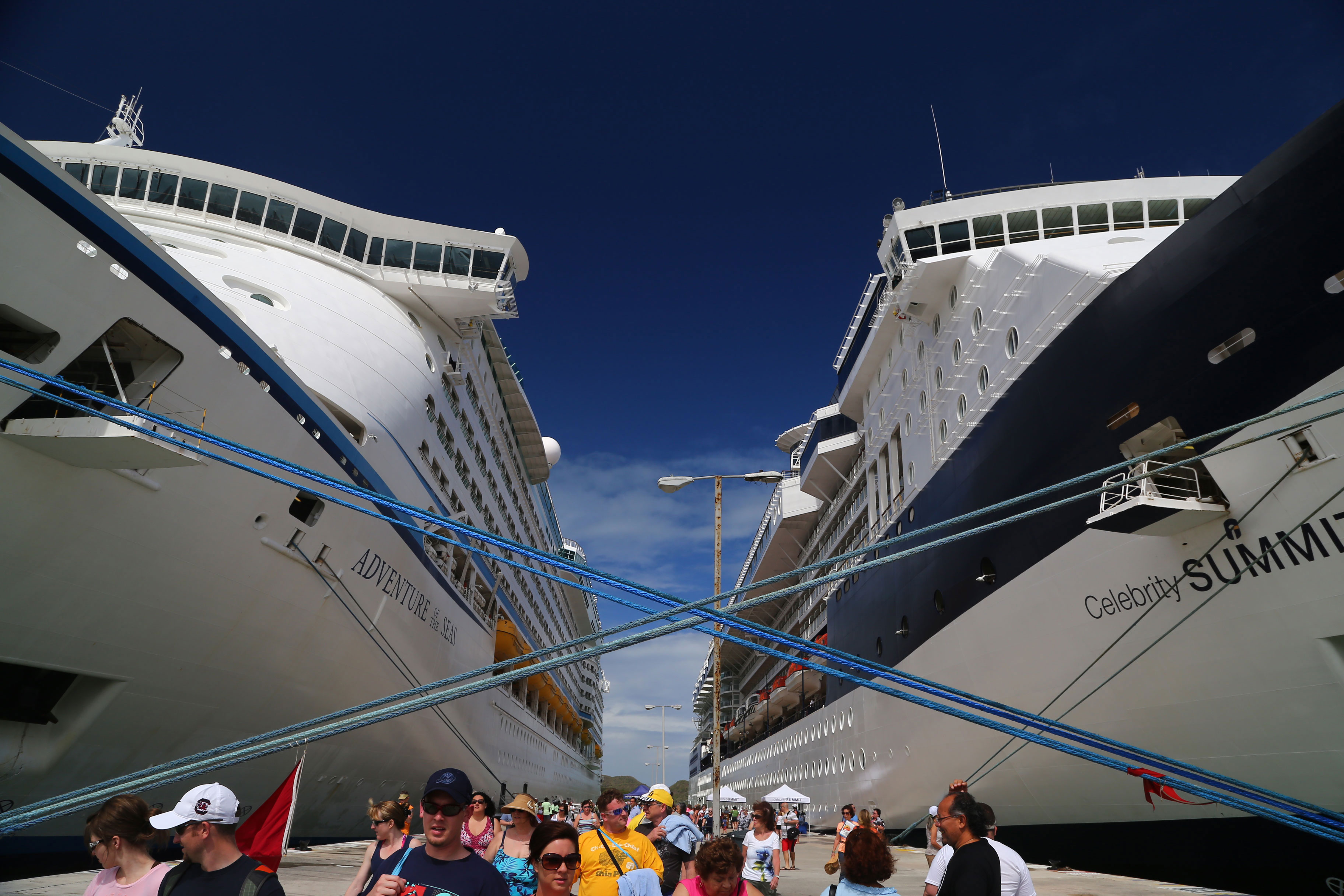 The Celebrity 'Summit' on the right hand side makes port next to the 'Adventure of the Seas' in St. Maarten
